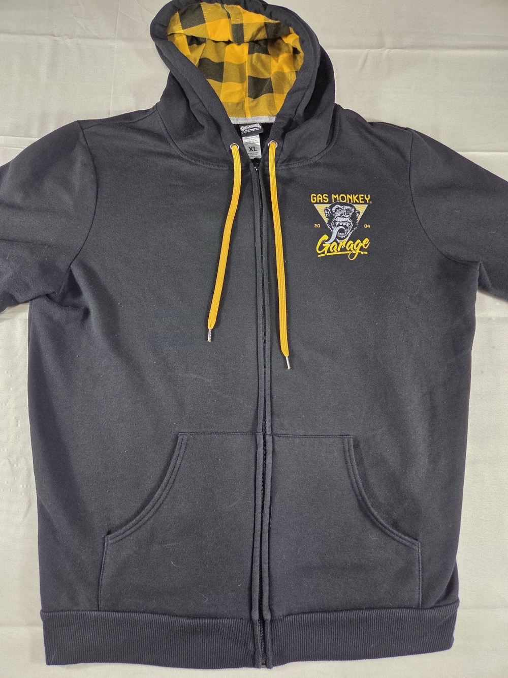 Gas Monkey Garage Full Zip Hoodie XL Black Yellow Buffalo Plaid Lined